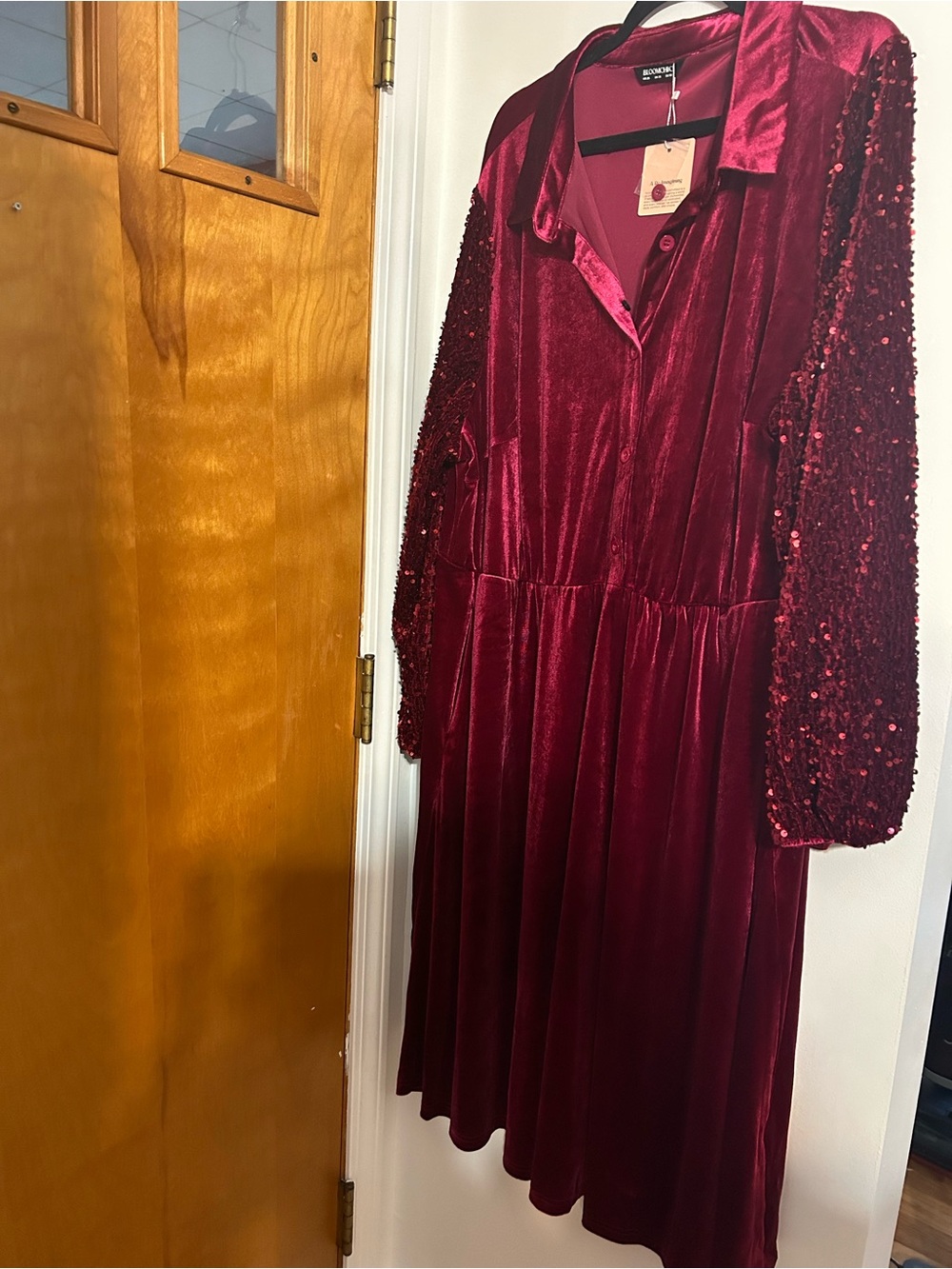 BloomChic Burgundy Velvet Dress with Sequin Sleeves